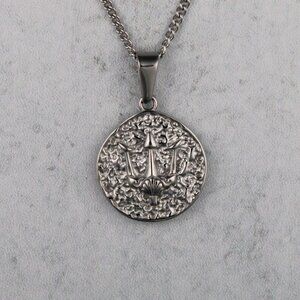 Silver Trident Coin Pendant Chain Necklace